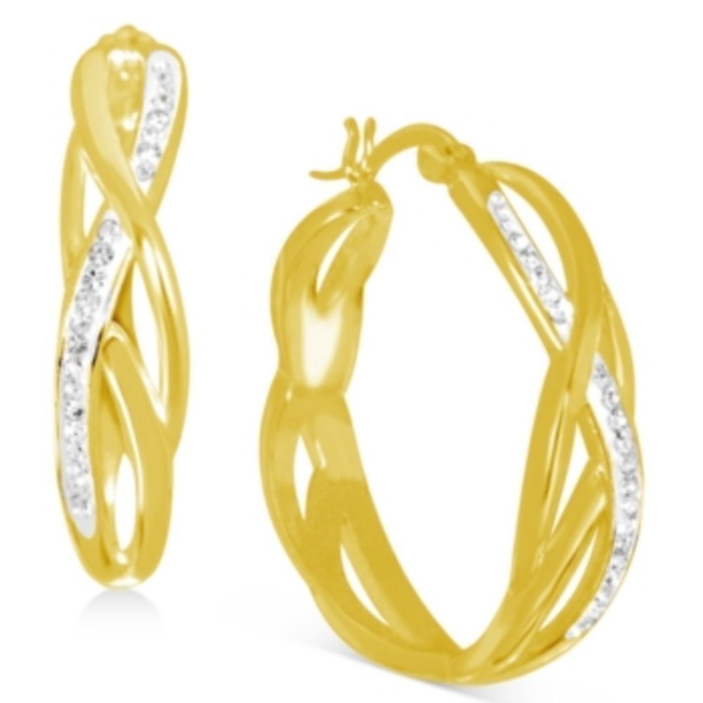 NWT Essentials Crystal Braided Medium Hoop Earrings Gold Plate 1.24